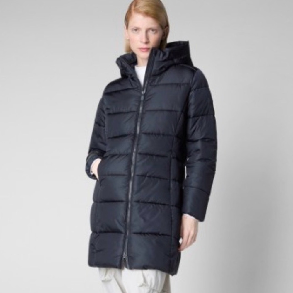 NWOT Save Duck UltraLight Taylor Shiny Long Hooded Puffer in Navy, Size Small